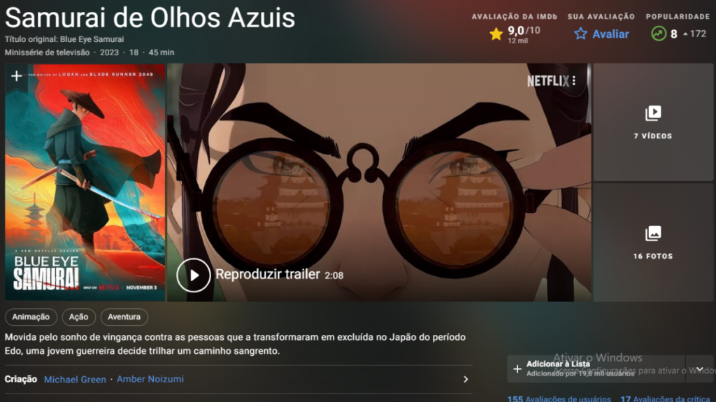 Samurai de Olhos Azuis atualmente conta com nota 9 no imbd